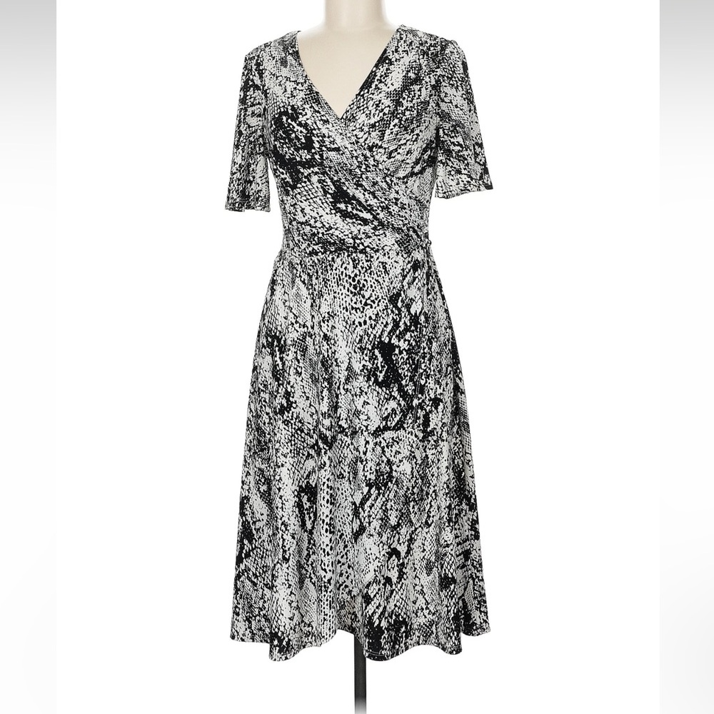 Donna Morgan Black & White Snake-Print Midi Wrap Dress